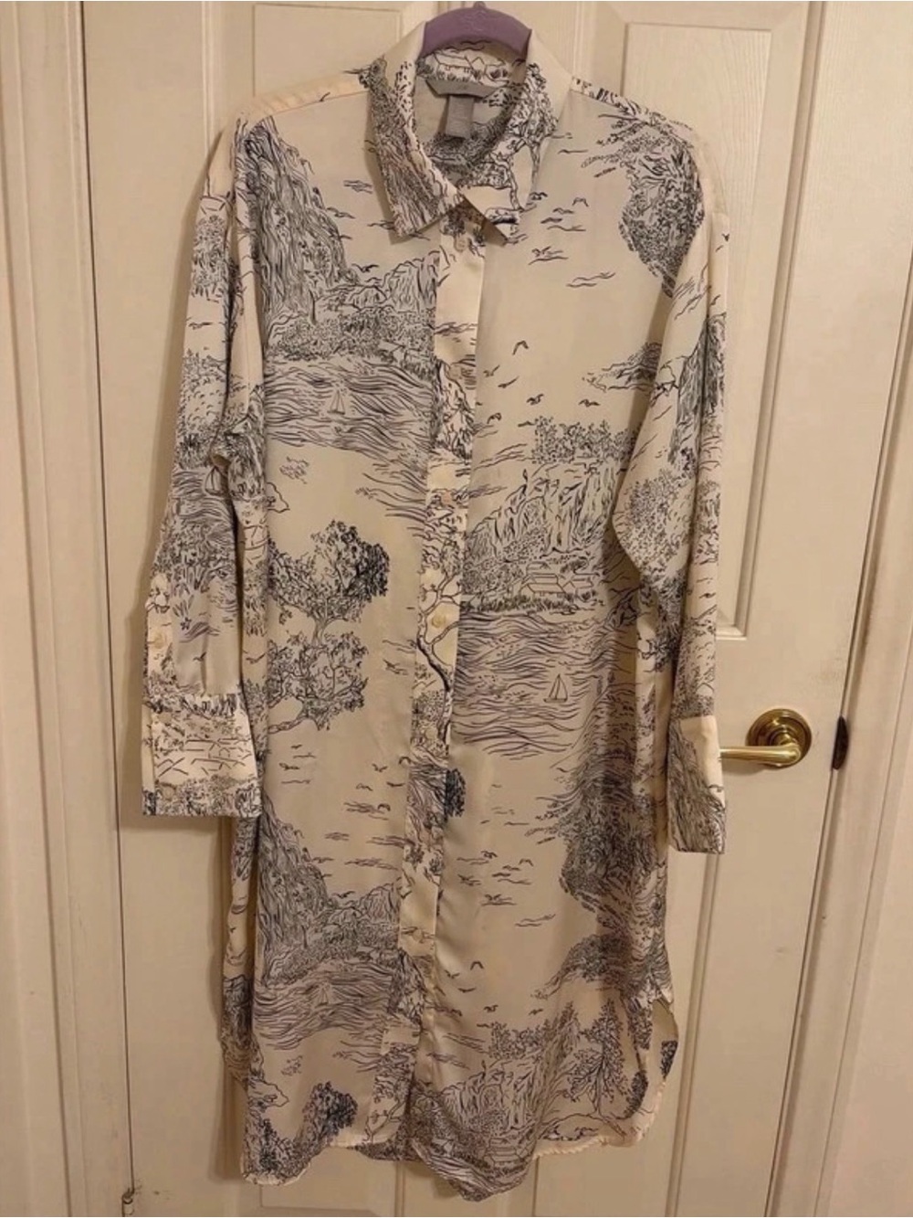 H&M Cream Long-Sleeve Scenic Print Shirt Dress
